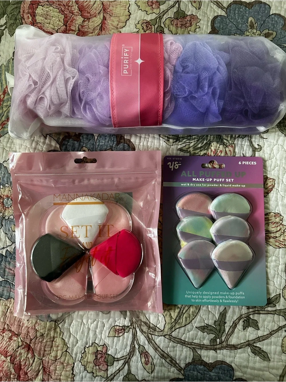 Purify Ombre Purple Bath Pouf Set + Makeup Puff & Sponge Bundle